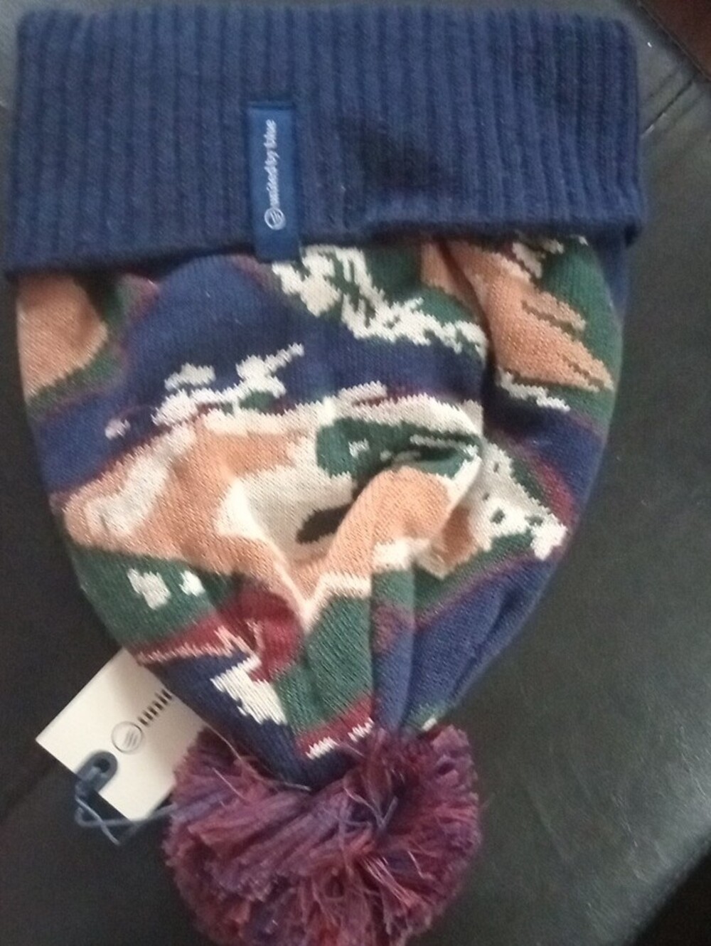 United By Blue Camo Pom Beanie in Navy, Green & Tan - Picture 4 of 5